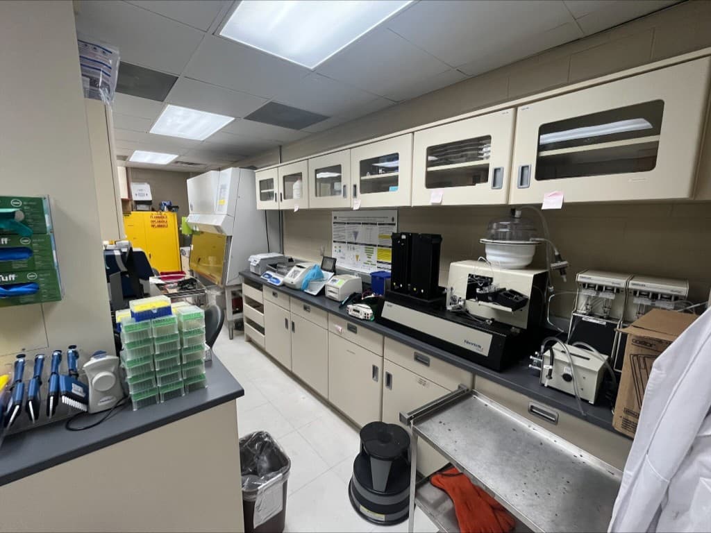 Instrument bench with Bio-Rad equipment, pipettes, and biosafety cabinet
