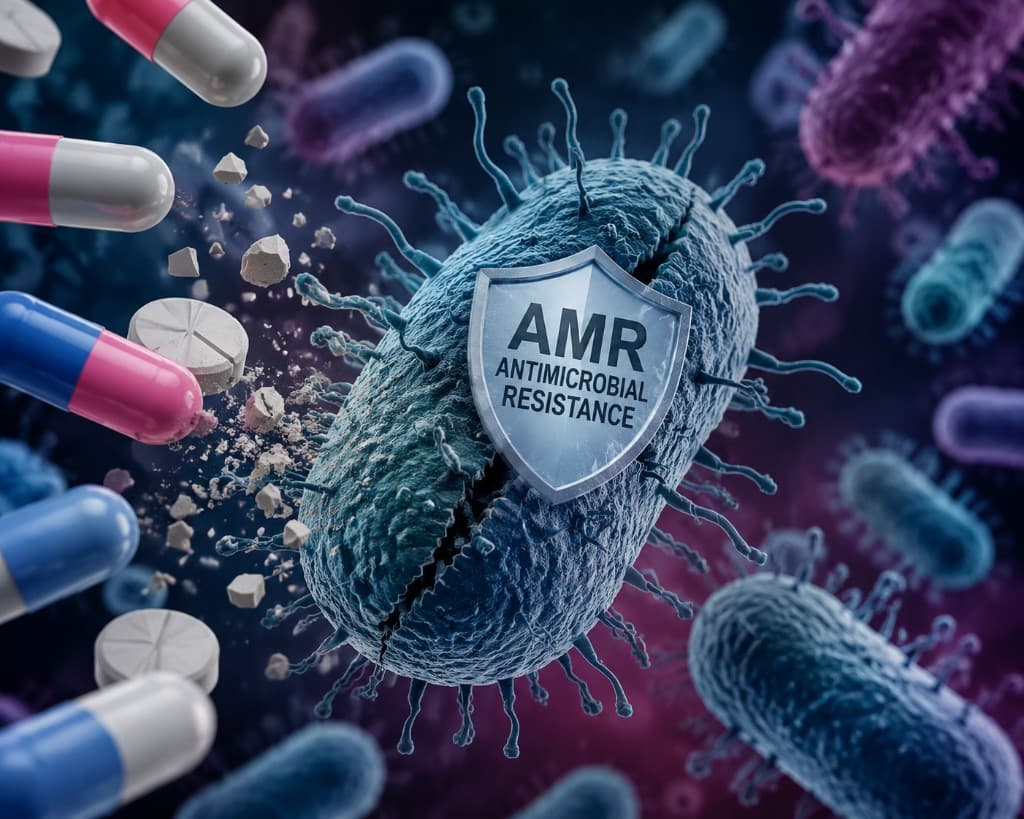 Illustration of a bacterium shielded against antimicrobial drugs, representing antimicrobial resistance