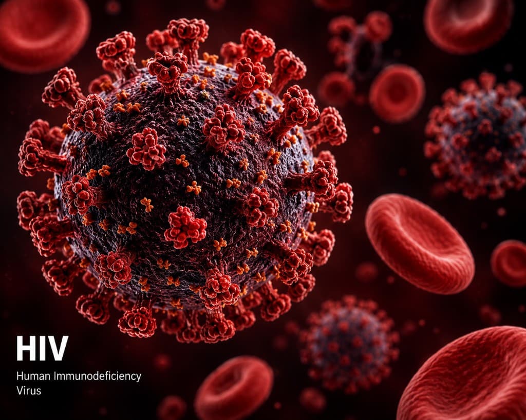 3D illustration of HIV (Human Immunodeficiency Virus) particles among red blood cells